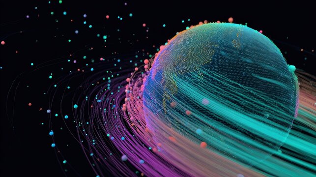 A stylized glowing globe surrounded by rotating binary streams and connection nodes, side view, showing the interplay of global data exchange, cybernetic tone, colored pastel.