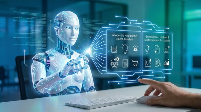 Humanoid robot interacts with a digital holographic menu while a person works alongside to manage sophisticated automated processes.