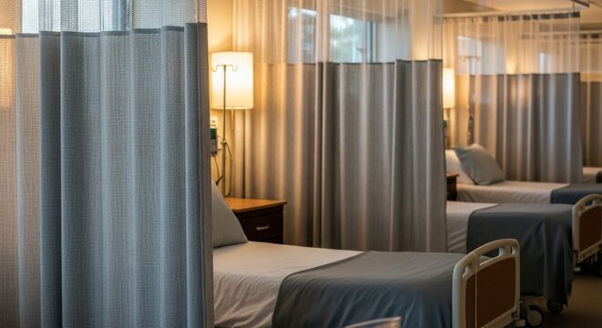Hospital room privacy curtains providing division and comfort around a patient bed in a healthcare facility