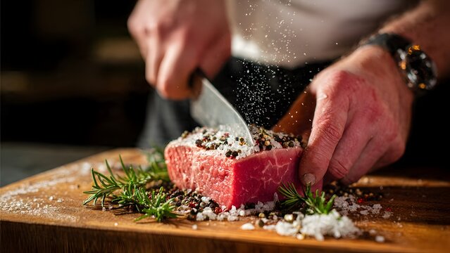 Dramatic close-up, a butcher in a coat and gloves lifts a thick cut of raw red meat toward the camera, meat cuts and bones inside