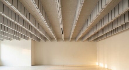 Obraz premium Modern Suspended Acoustic Ceiling Baffles in a Contemporary Interior Space