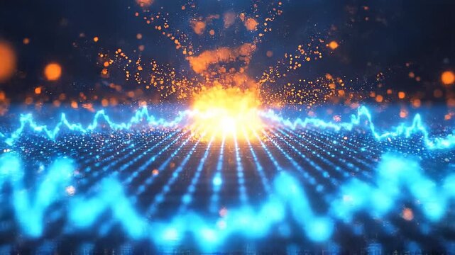 Abstract video scene with a low-angle view of glowing blue and orange bokeh lights. Live desktop wallpaper.