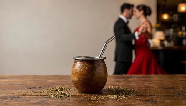 Traditional mate gourdA and bombilla on a wooden table with a blurred couple dancing passionately in the background
