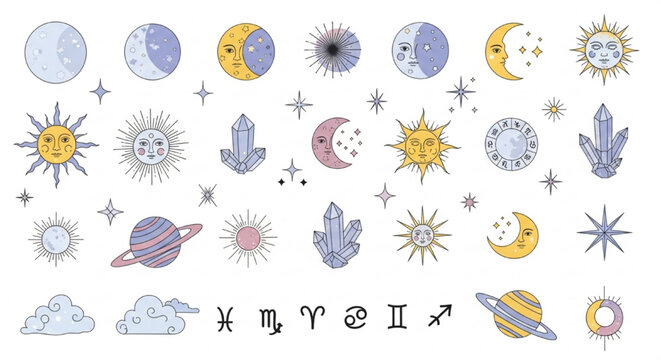 Celestial Mystic Boho Spiritual Vector Clipart Bundle with Moon Phases, Sun Symbols, Stars, Crystals, Planets, Zodiac Elements and Cosmic Pastel Aesthetic Isolated on White Background