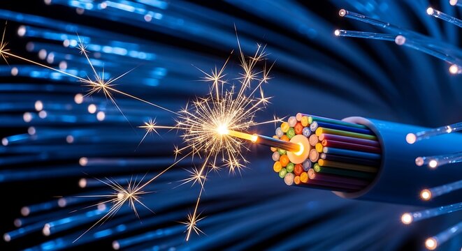 Fiber optic cable close up with bright sparks and colorful strands
