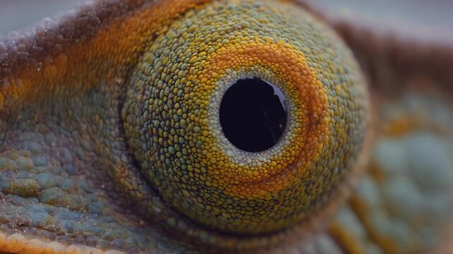 Close-up of reptile eye showing intricate textures and colors, highlighting the unique patterns and details of the iris and surrounding skin in a natural outdoor setting