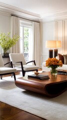 Fototapeta premium A beautifully styled living room featuring elegant furniture, soft lighting, and floral decor
