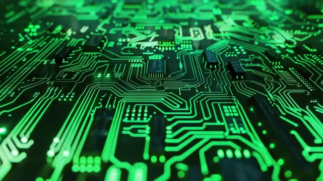 Green circuit board glows under focused light. Complex pathways shine with digital precision. Tiny components sit atop intricate lines. Tech surfaces reflect cool, futuristic hues