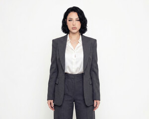 Obraz premium Beautiful young woman in elegant suit on white background