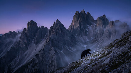 Obraz premium Lone bear navigates steep rocky slopes beneath towering granite peaks under a twilight sky