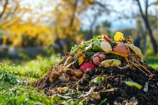 Composting food scraps in a sunny garden during fall season helps enrich soil for future planting and gardening activities