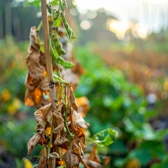 Fototapeta premium A vegetable garden with growing vegetables. Blurred bokeh effect, natural earth tones, browns, beiges, muted colors. Sharp subject focus, soft.
