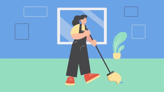 Woman cleaning home with vacuum cleaner in modern living room, housework routine, hygiene concept