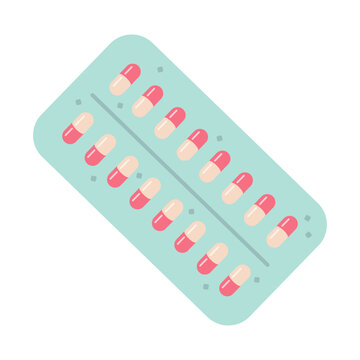 Blister pack of oblong tablets in two colors. Multicolored pills for treatment and health. Flat style pill packaging. Vector illustration on white background.
