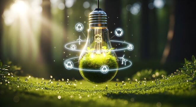 A glowing lightbulb with a green earth inside, surrounded by eco-friendly symbols in a forest setting.