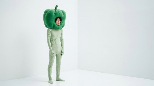 Apathy and stagnation concept with green pepper-headed character, neutral expression in minimal white room, copy space