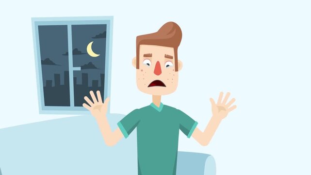 Man feeling headache at night, insomnia and stress concept, sleepless problem, tiredness and mental fatigue animation