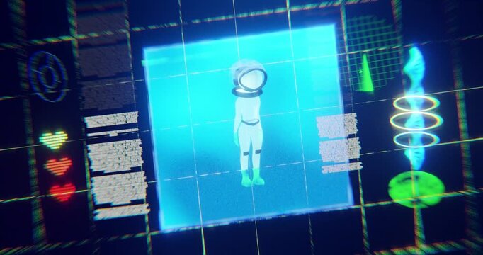 Virtual reality. Futuristic VR head-up display design. Futuristic display with data, speedometer and statistics panel. 3d render video.