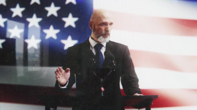American male politician making official statement at podium on retro TV