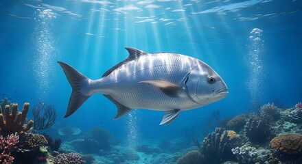 Naklejka premium A large silver fish swims through the clear blue waters of a coral reef with sunlight filtering down from above.