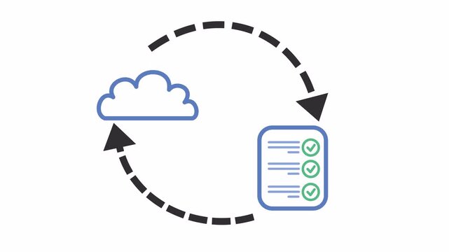 Approved check mark on a cloud workflow and task synchronization cartoon in the alpha channel. Flat design of a cloud computing process with a correct checklist for data integration symbol.