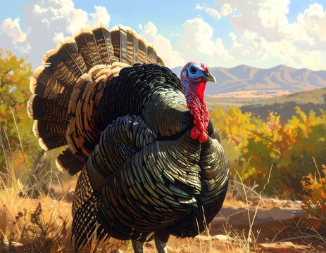 A vibrant male turkey stands proudly in a natural landscape