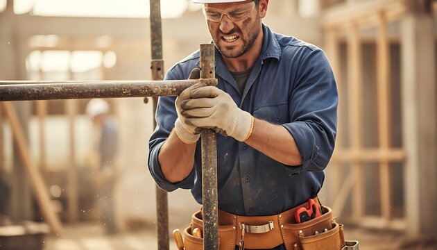 Construction worker strains muscles while moving heavy metal scaffolding pole at site