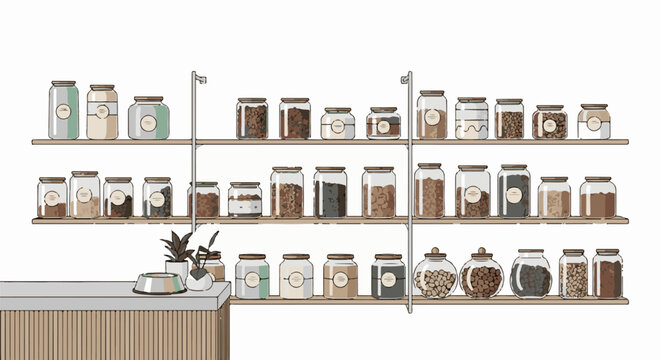 Shelves overflow with assorted dry goods in clear glass jars, a pet bowl sits nearby