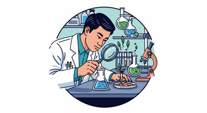 Scientist examines plant growth in a lab with a magnifying glass, microscope, and beakers
