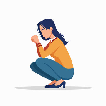 Woman Praying or Meditating in a Squatting Position