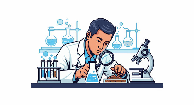 Scientist examines soil sample with magnifying glass in lab with equipment
