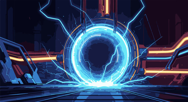 Sci-fi portal with glowing blue energy and lightning in a pixelated style