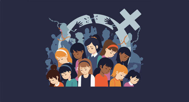 Sad girls bowing heads, broken chains, and a symbolic gender cross in a dark scene