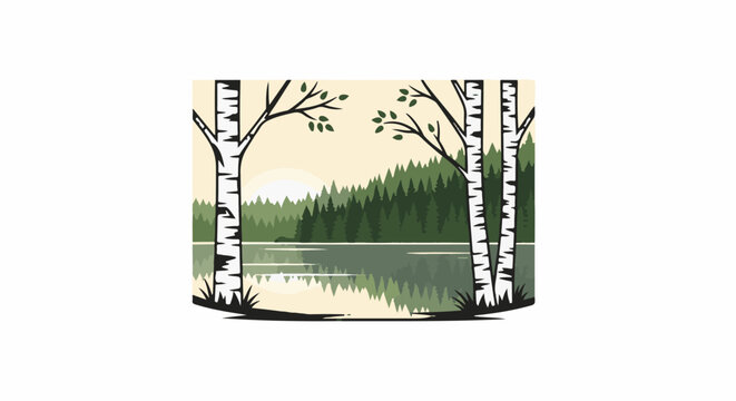 Serene forest lake vista framed by birch trees with muted sunrise
