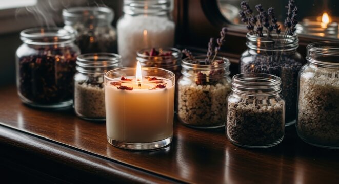 Burning soy candle infused with botanicals and subtle floral notes, nestled among jars of fragrant ingredients