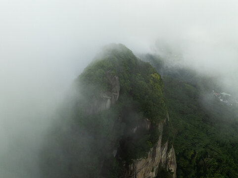 Aerial view of Morne Seychellois mountain peak shrouded in thick mist and dense tropical forest Port Glaud, Seychelles.