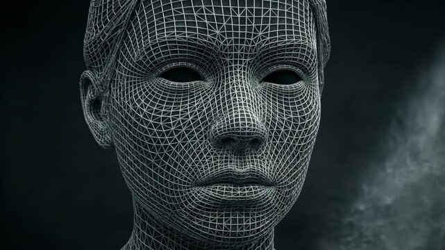 Wireframe model of womans face rotating in 3D animation. Digital mesh structure showing head from multiple angles. Computer graphics and virtual modeling concept for tech visualization.