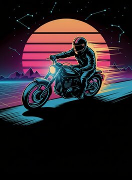 Retro 80s Synthwave Biker Riding Motorcycle at Sunset Beach