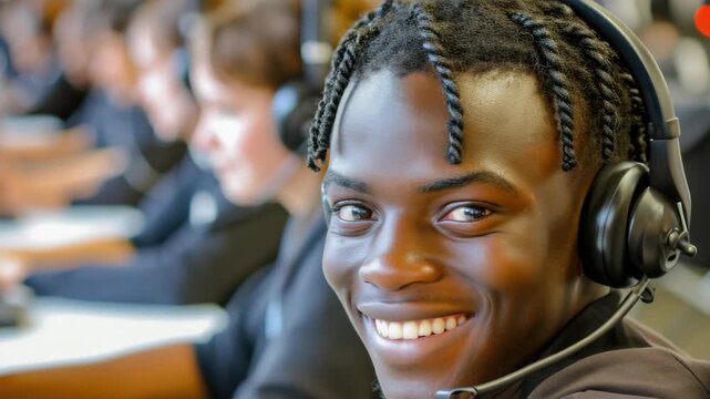 Young man smiles while wearing a headset. He sits in a row of similar individuals. Focused expression suggests active engagement. Professional setting implies customer support or training