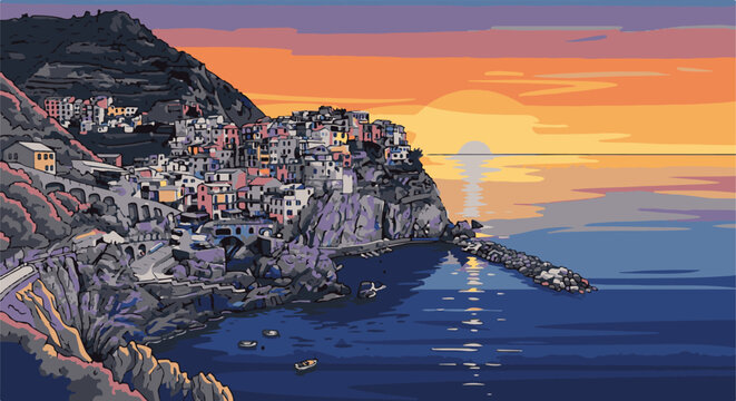 Pixelated seaside village built on rocky cliffs at sunset, reflecting orange sky on water