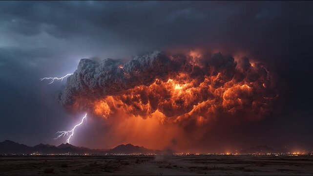 Dramatic lightning and glowing storm clouds over desert city