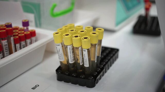 Laboratory technician organizing yellow blood collection tubes