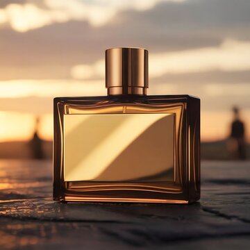 Elegant rectangular fragrance bottle with gold cap on a rustic surface.