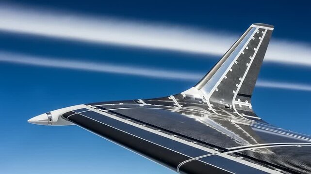 Aerial view of a sleek airplane wing flying through the blue sky.