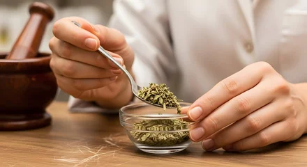 Person handling dried herbs with spoon and glass bowl on wooden table in kitchen © Momo