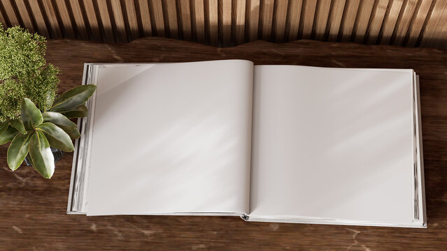 Open blank book white paper mockup with plant decor and elegant natural light. Clean minimal scene for branding, publishing, journal design, art prints, ads, stationery presentation. 3D Rendering