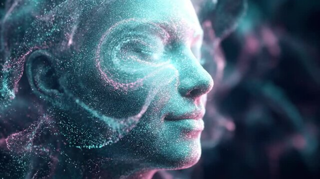 Woman experiencing ethereal facial transformation. Sparkling particles and glowing energy emerge on skin. Digital animation of magical awakening concept.