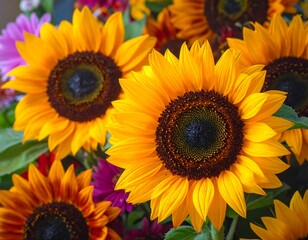 Obraz premium A vibrant close-up of sunflowers surrounded by colorful flowers