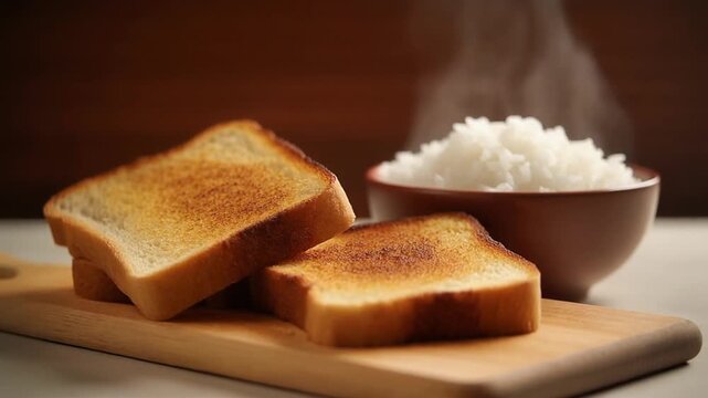 Single slice of golden-brown toast rests on wooden surface, crisp edges and soft interior highlighted, simple breakfast food captured with warmth, texture, and everyday appeal.
