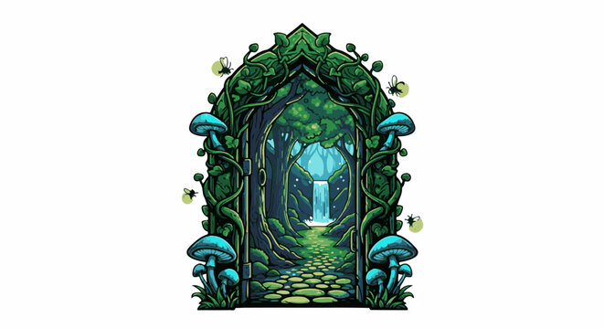 Pixel art gateway to a magical forest with glowing mushrooms and fireflies